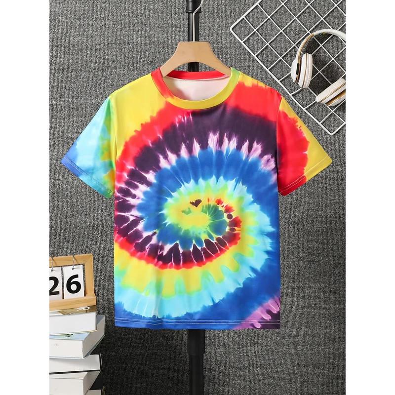 3D Tie-Dye Rainbow Print Kids' T-shirt Summer Fashion Casual Crew Neck Short-Sleeve Top for Boys & Girls