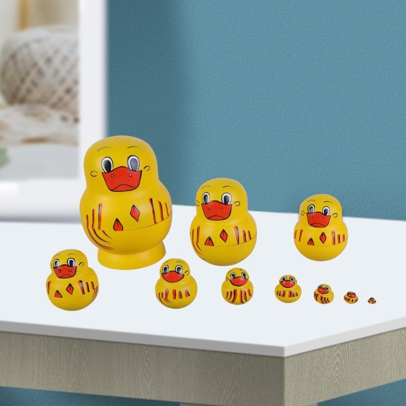 Set of 10 Yellow Duck Wood Stacking Dolls Traditional Russian Nesting Toy for Decoration Decorative Matryoshka Doll