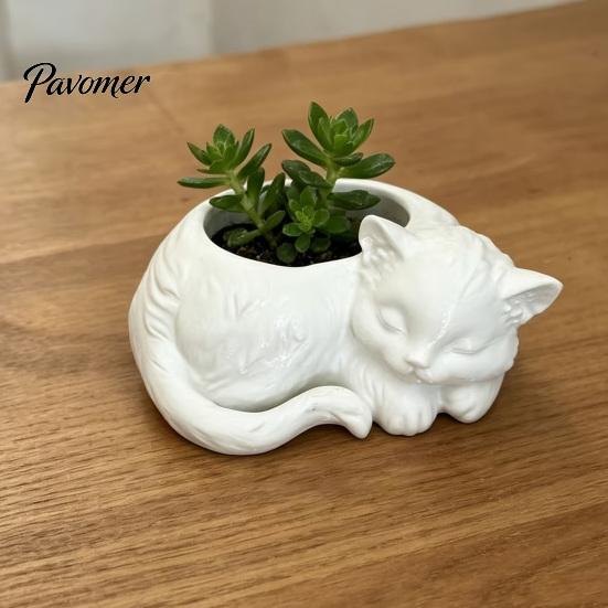 Embossed Texture Plant Pot 3D Printed Sleeping Cat Flowerpot, Mini Desktop Planter, Unique Indoor Garden Decor Decorative Holder for Succulents Small