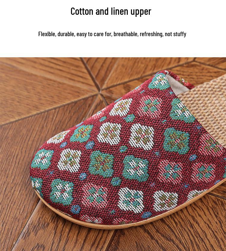 Women's Ethnic Floral Linen Sandals - Breathable Toe-Cover Slippers for Home