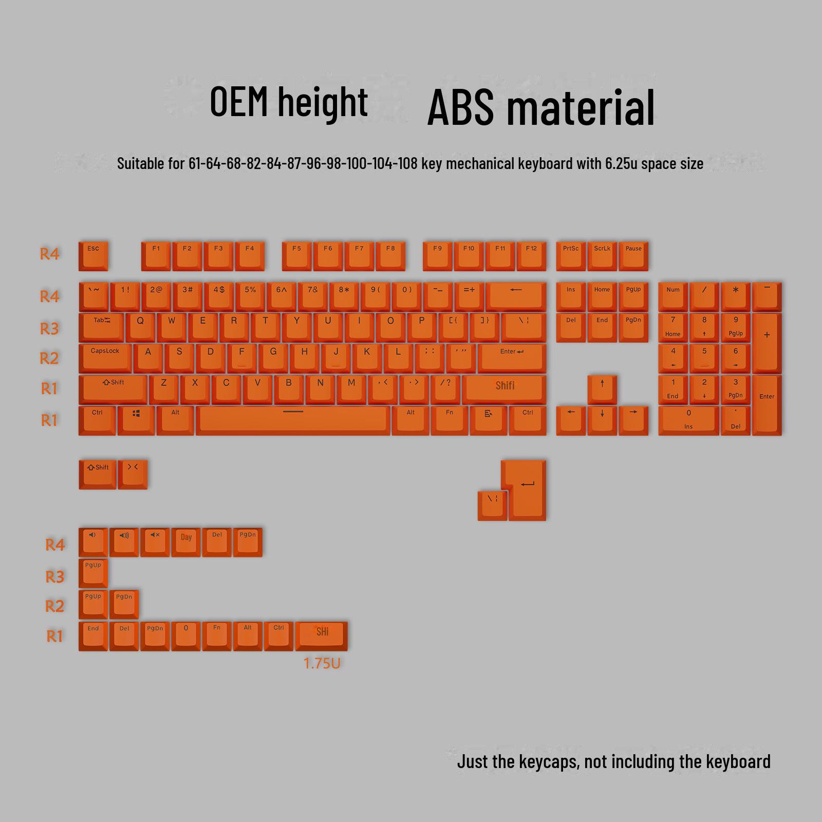 

Двухцветные колпачки для клавиш из АБС-пластика для механических клавиатур, светопропускающие, совместимые с раскладками на 75, 98 и 108 клавиш 125 keys оранжевый