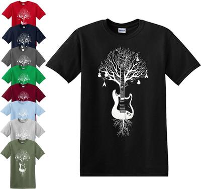TREE OF GUITARS T-SHIRT Acoustic Guitar Tree of Life Rock Peace Bass Music Top