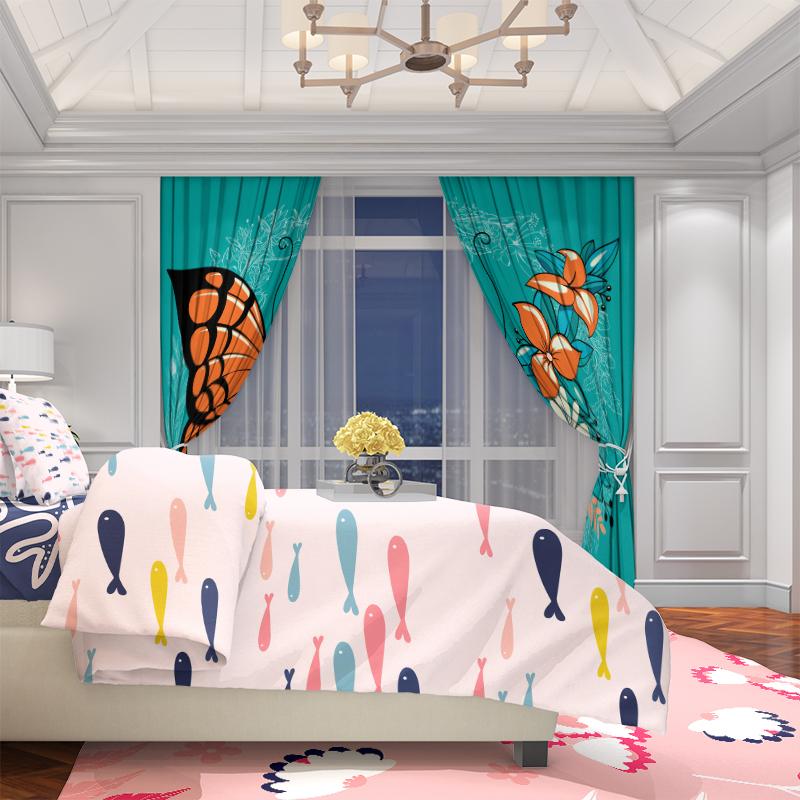 2PCS- Flower and Butterfly - Printed Curtain - Polyester Material - Suitable for Bedrooms, Living Rooms, Study Private Spaces