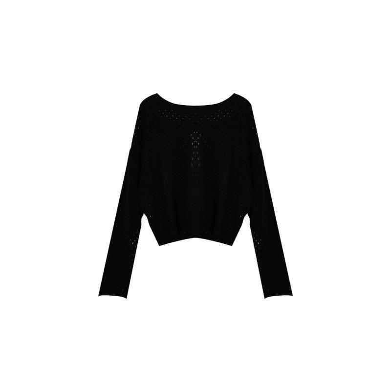 Summer and Autumn New Long Sleeved Solid Color Casual Hollow Knitted Mesh Shirt for Girls, Fashionable and Versatile Top