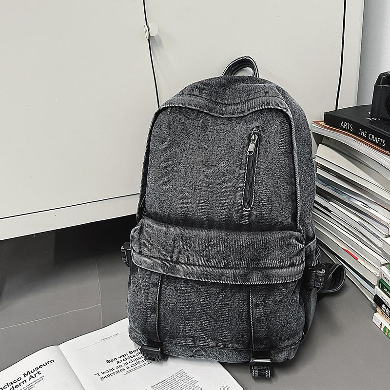 Vintage Solid Color Denim Backpack Large Capacity Travel Backpack Middle School Student Schoolbag