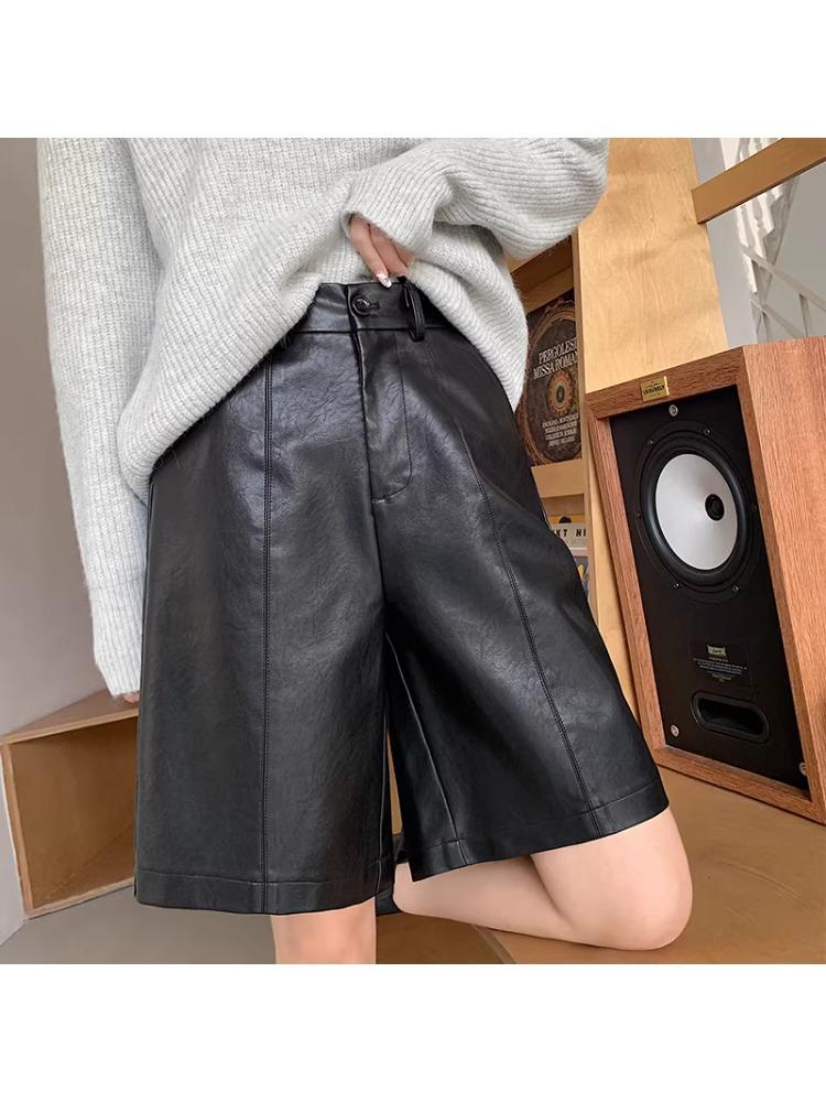 2025 Women's High Waist PU Washed Leather Bootcut Shorts - Mid-Length, Wide Leg, Loose Slimming Fit for Autumn/Winter