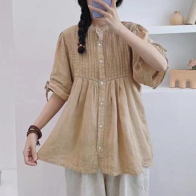 Vintage Linen Women Shirts Summer Mori Drape Loose Single Breasted Short Sleeve Female 3 Colors Tops Blouses