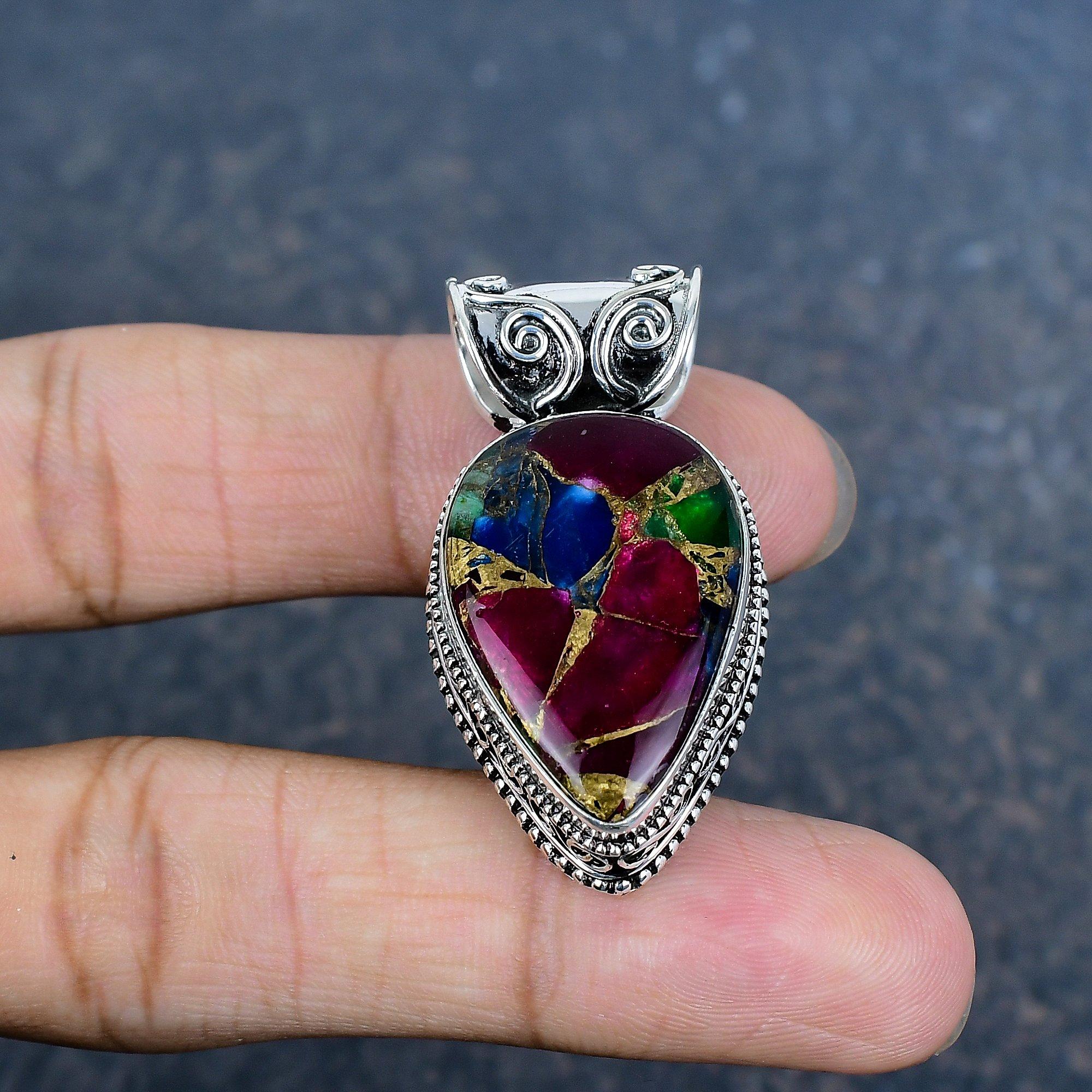 

Многоцветный медный бирюзовый кулон ручной работы с драгоценными камнями, кулон из стерлингового серебра 925 пробы, богемные украшения розовый