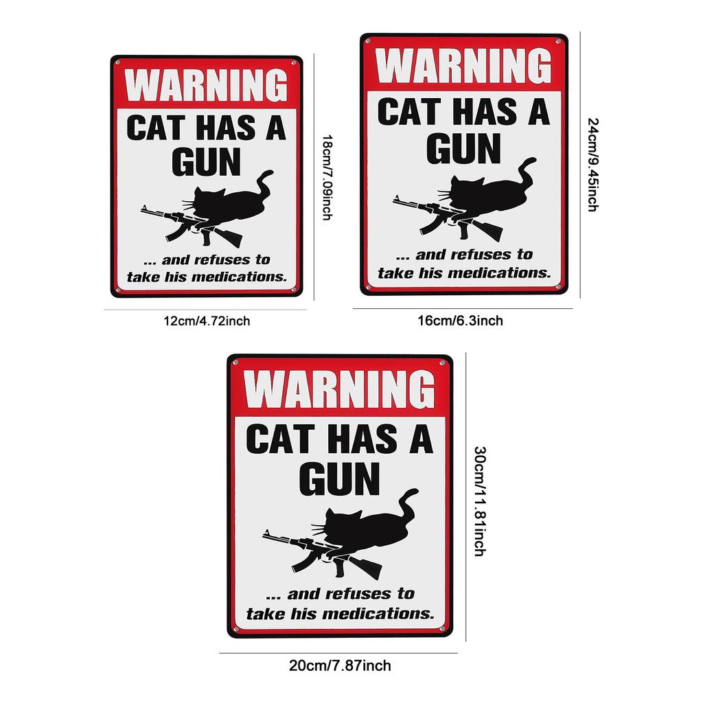 Warning Cat Has Gun Refuses Take Medication Vintage Metal Tin Signs Decorative Tin Signs Art Plaque Poster for Man Cave
