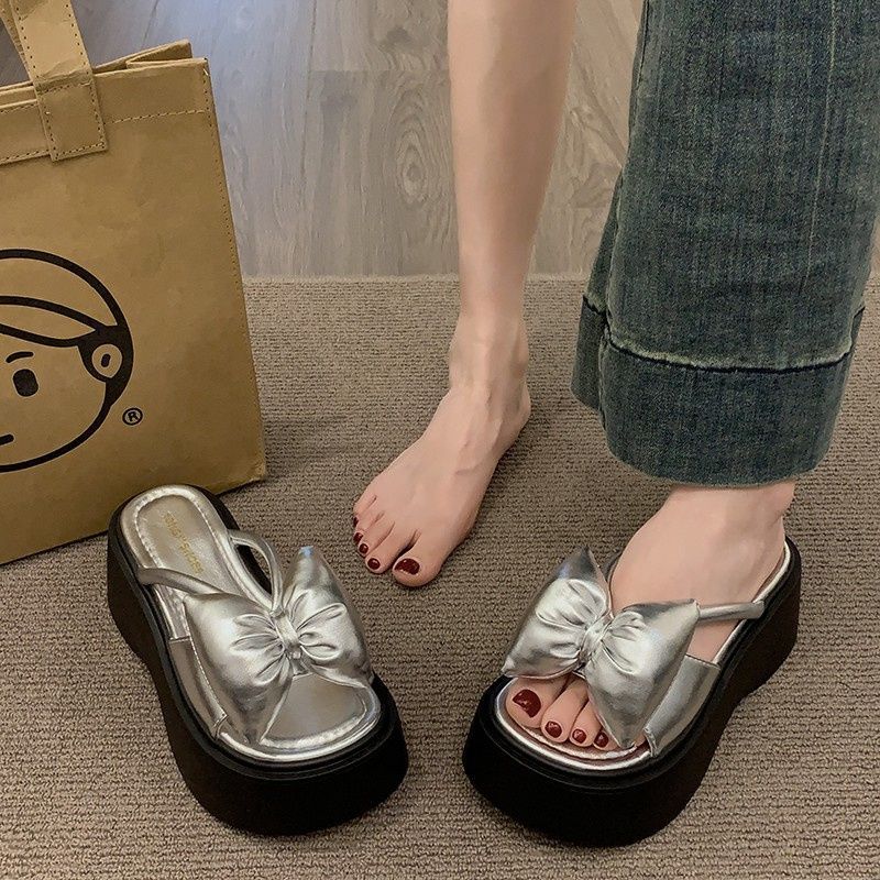 Gentle fairy wind bow thick bottom heightening women's outer wear 2025 summer new fashionable versatile one-word cool slippers