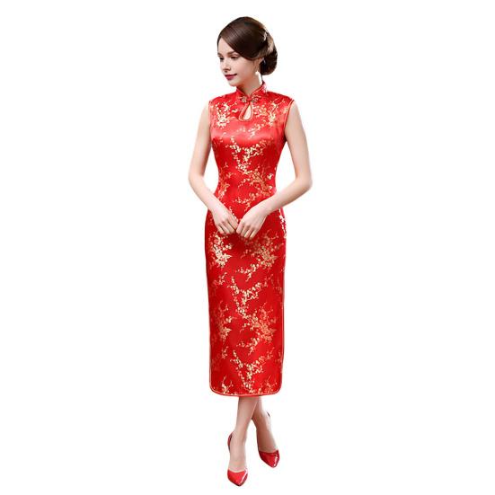 Ženy Léto Cheongsam Stojánek Límec Květinový potisk Dutý Rozdělený lem Bez rukávů Qipao Slim Fit Retro Čínský styl Délka do půli lýtek Svatba