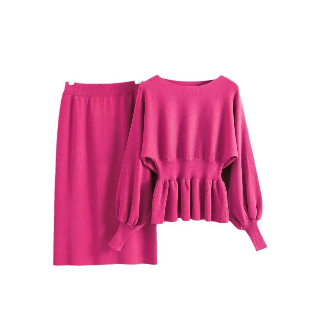 European Lantern Sleeve Bodycon Midi Skirt Set - French Socialite Style