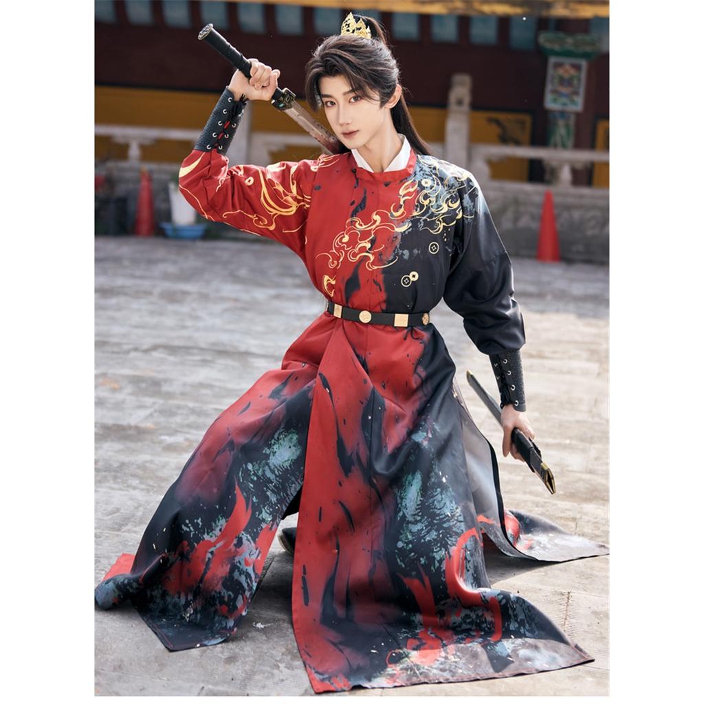 Chinese Tang Dynasty Style Round Neck Robe And Hanfu Daily Printed Suit For Handsome Male And Female Knights