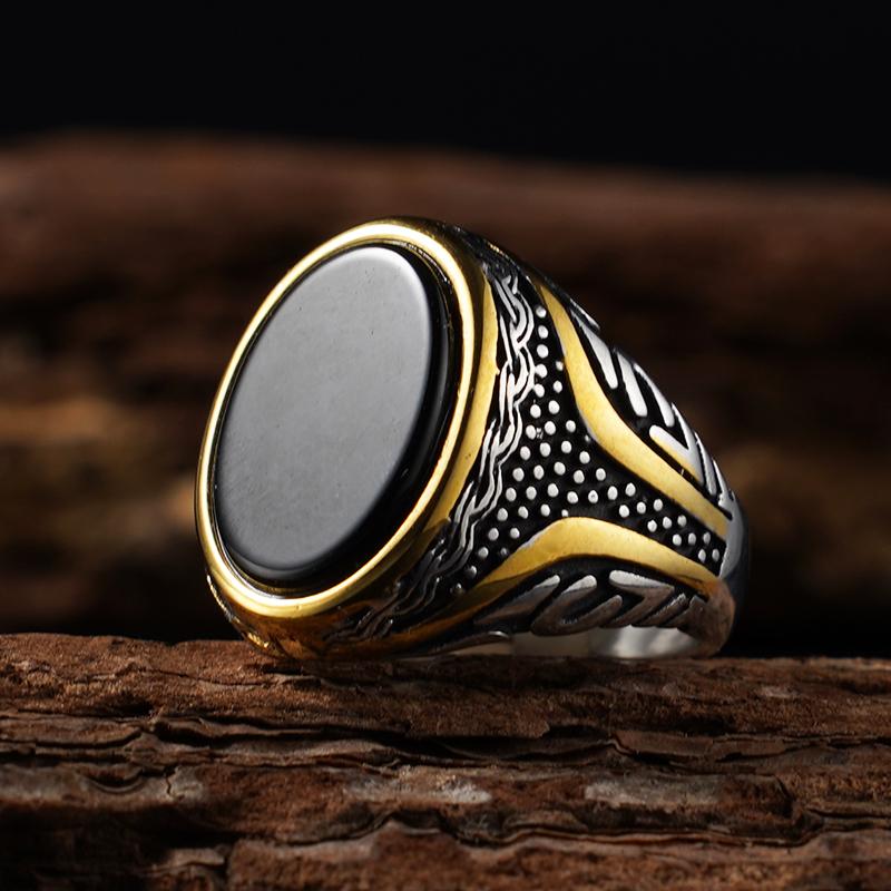 Naturstein-Serie für Männer Elliptischer Ring mit echtem Tigerauge-Stein 316L Edelstahl Männlich Vintage-Design Punk-Ring