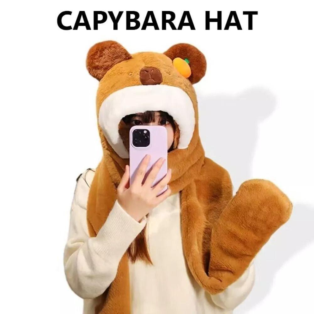 Plush Capybara Beanie Cap Thickened Cartoon Neck Hat Cute Hat Scarf Gloves Set