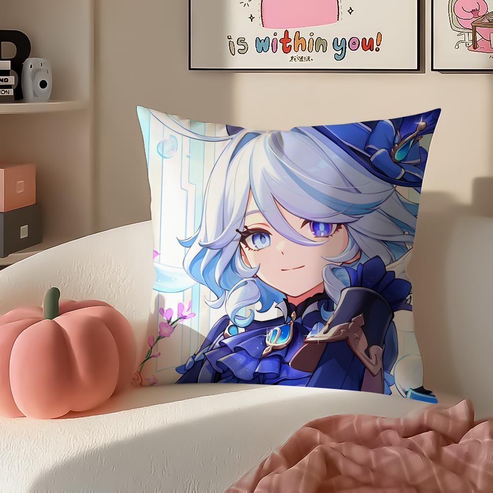 Game Genshin Furina Cushion Cover Pillowcase Short Plush Invisible Zipper Room Sofa Cushion Cover