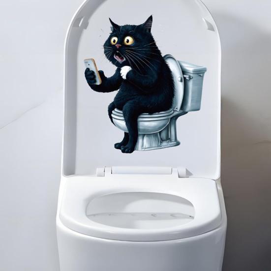 Cat Toilet Stickers Waterproof Toilet Tank Lid Decals Cartoon Black Cat Toilet Seat Cover Sticker for Bathroom Restroom Door Wall Decor