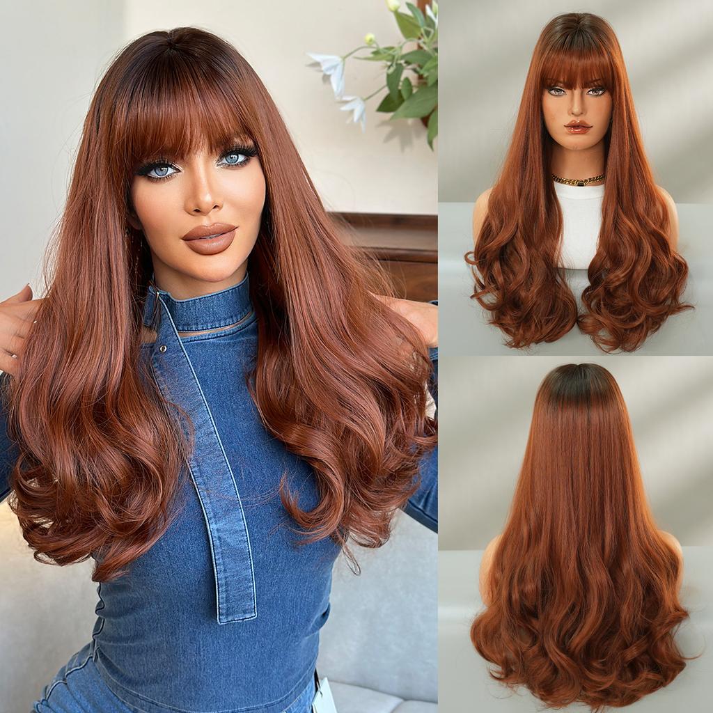High Quality Copper Brown Wavy Wig Women With Long Curly Hair Full Head Round Face Internet Famous Bangs Fluffy Top Set