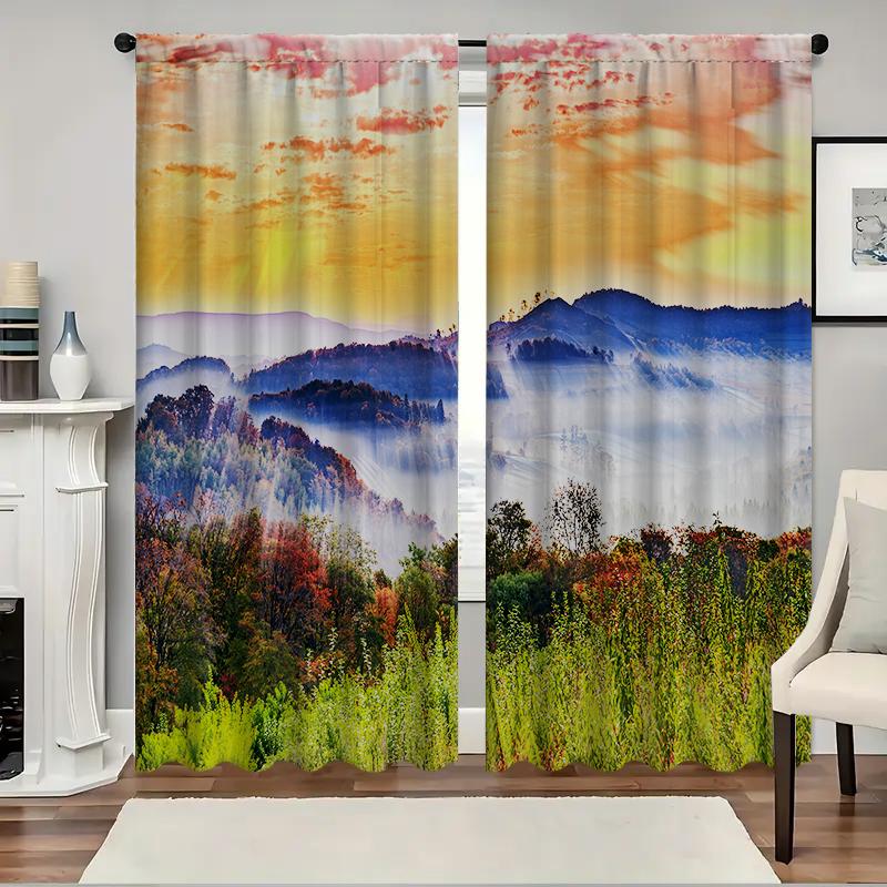 2PC Home Green Forest Curtains With Landscape Background And Pole Pocket Curtains, Kitchen, Coffee Shop, Living Room