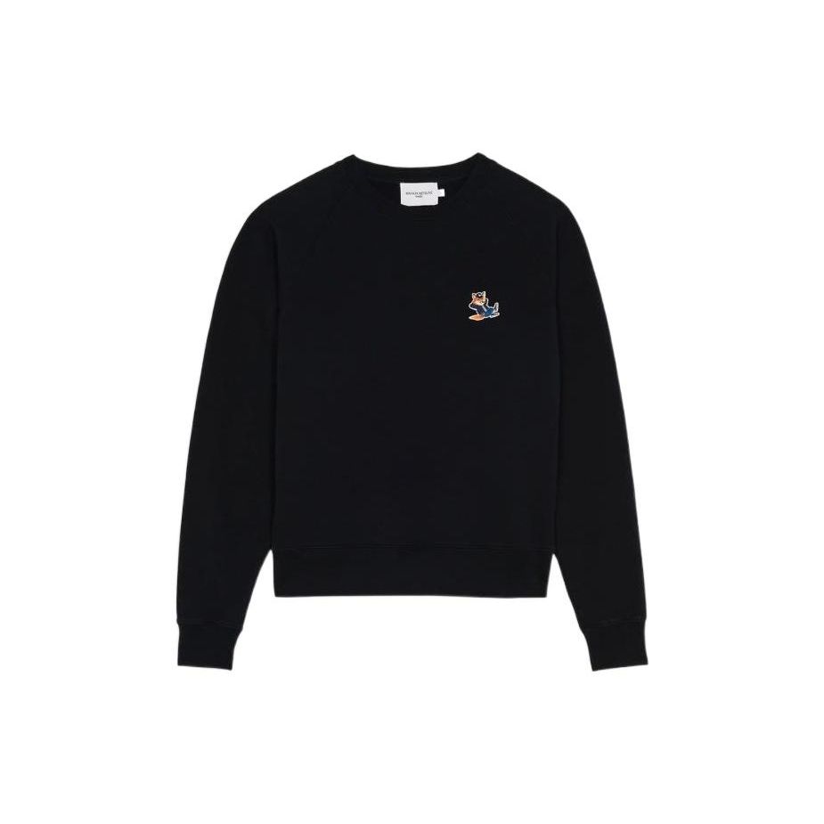 Maison Kitsune Back To Series FW22 Solid Color Fox Patch Round Neck Pullover Sweatshirt Women sweatshirt Black JW00319KM0001-P199