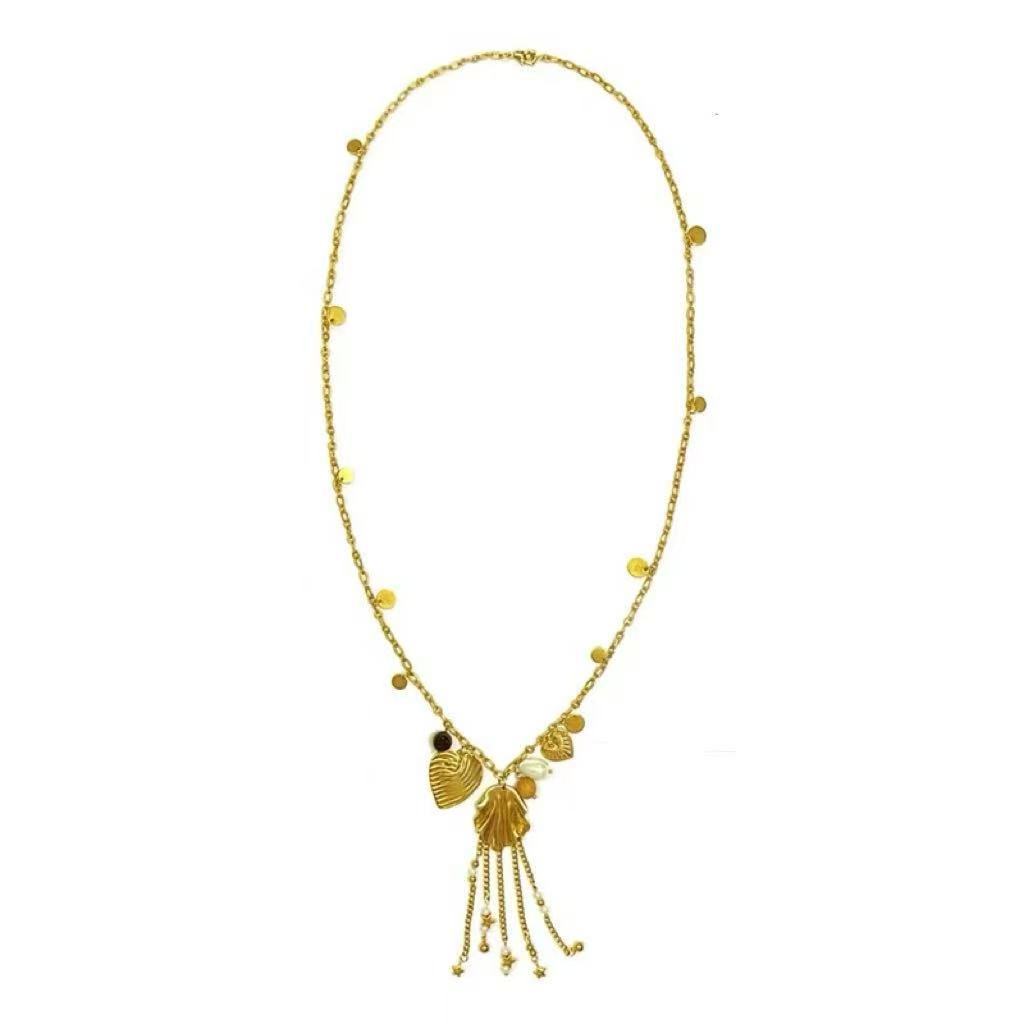 

Premium sense retro court gold love fringed pendant stacked collarbone chain light luxury pearl waist chain long necklace
