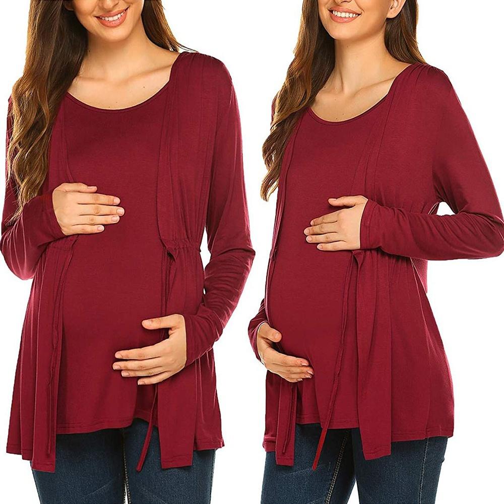 Femmes maternité grossesse à manches longues Double couche hauts d'allaitement T-shirt pour l'allaitement