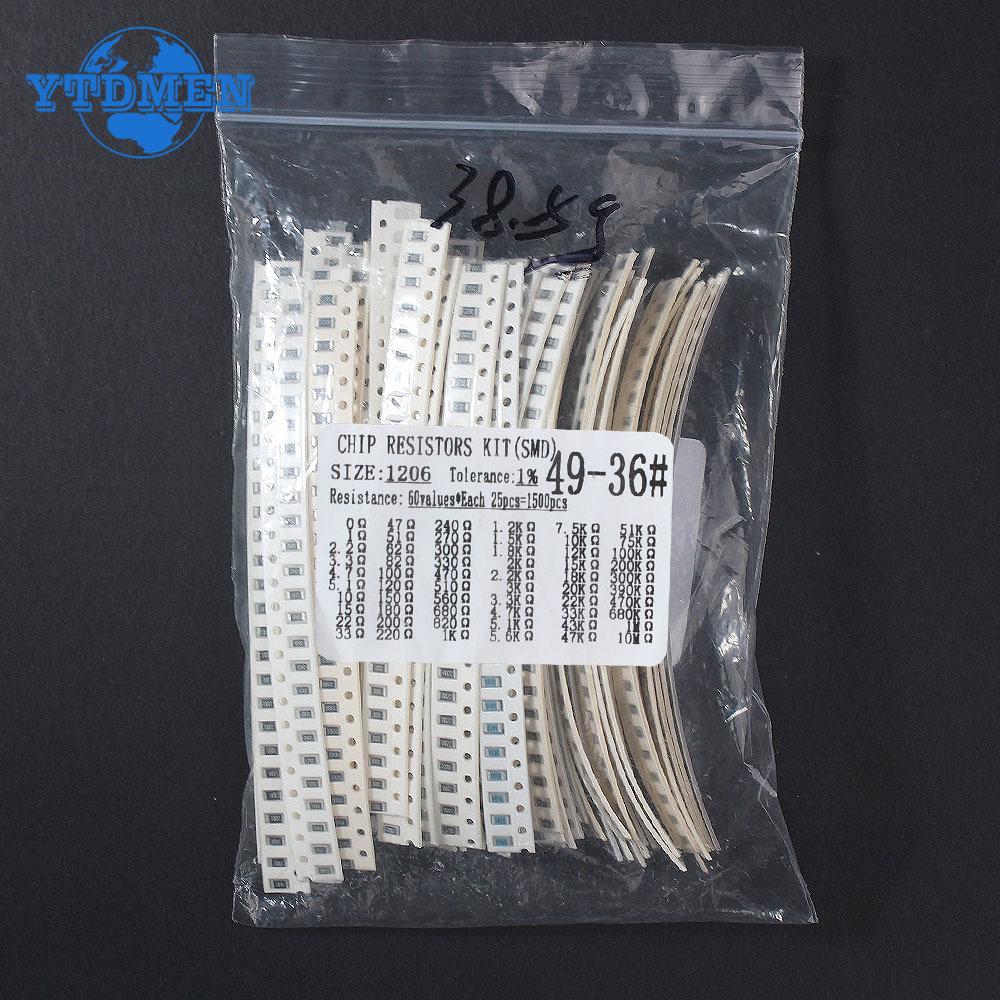 1500PCS Film Resistor 0603 0805 1206 SMD Resistors Assorted Kit 60 Values* 25pcs 0R~10M Resistance Accuracy 1%