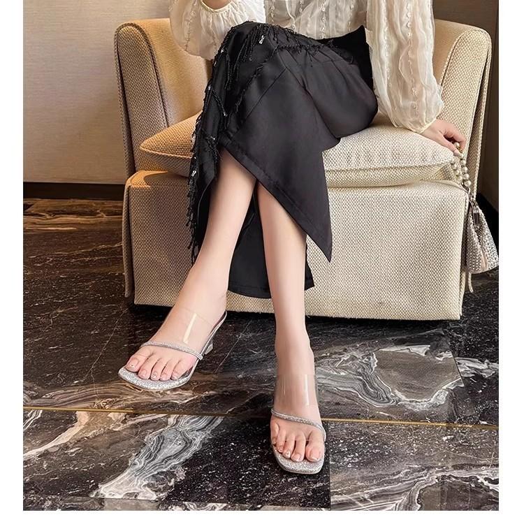 2025 summer new transparent word with rhinestone temperament crystal and gentle outer wear high-heeled cool slippers