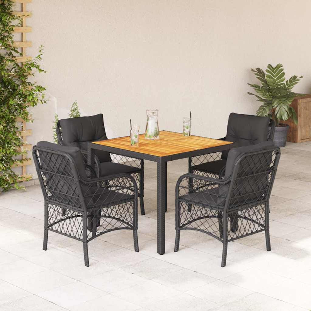 5 Piece Outdoor Dining Set with Cushions Black Poly Rattan