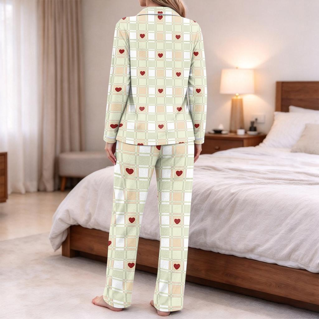 Women's Pajamas Fashion Print Long-Sleeve Button-Up Top Pocket Pants Home Casual Notched Collar V-Neck Two-Piece Set