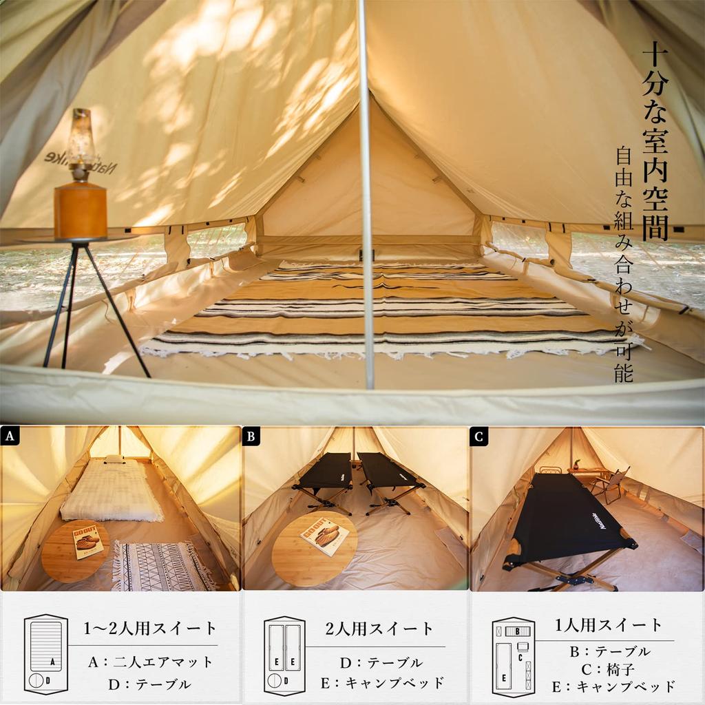Naturehike Official Shop Lodge Tent Frame Tent Polycotton TC Ventilation Easy Setup Double Layer Family Camping Front Room Mesh Cotton Cloth
