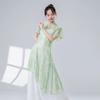 Classical Dance Women Split Hem Long Gauze Mesh Shirt Cheongsam Neck Hanfu Performance Sheer Flowy Blouse Training Dancewear
