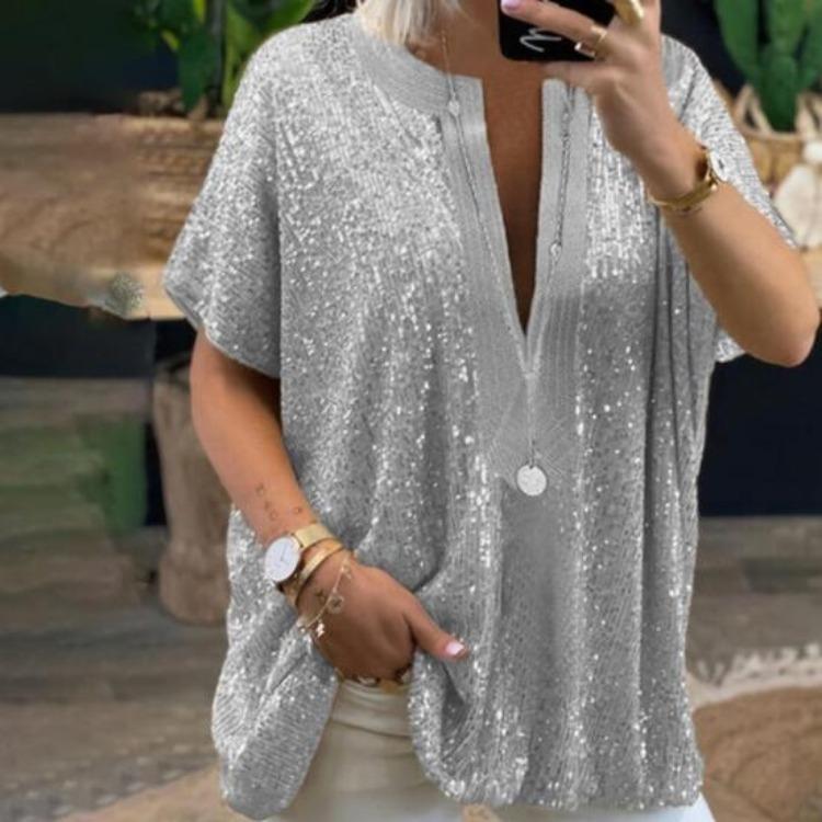 V Neck Short Sleeve Blouse Loose Tops Women Ladies Vacation T-shirt Wide Hem