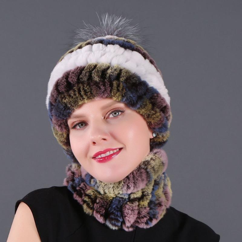 New hat scarf winter thickened thermal hat Rex rabbit fur grass Rex rabbit fur scarf two-piece set