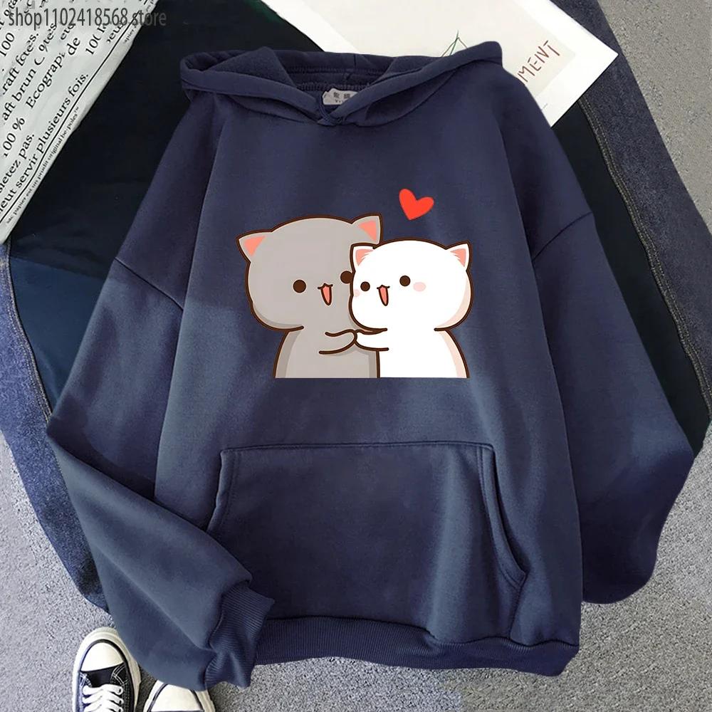 Cartoon Cute Peach Cat Hoodies Women Aesthetic Clothing Kawaii Sweatshirts for Girls Winter Fleee Pink Tops Long Sleeve