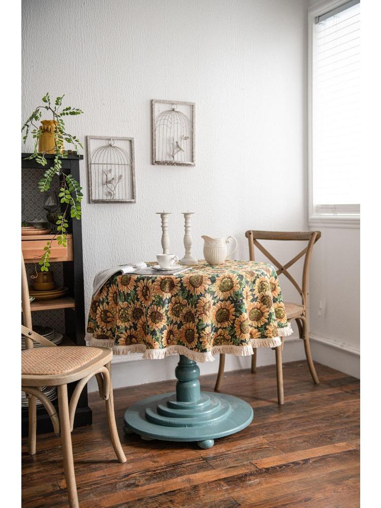 Amerikanische Tischdecke Jacquard Sonnenblume Tischdecke Runde Tischdecke Geeignet für Feiertagsküchen, Wohnzimmer, Familientreffen