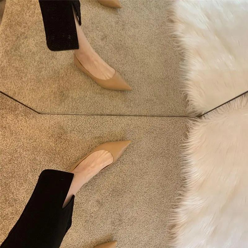 Office Shallow Pointed Toe Beige Fashion Leather Casual Shoes For Women Low Heel Elegant Woman Footwear Genuine Mark Wholesale L