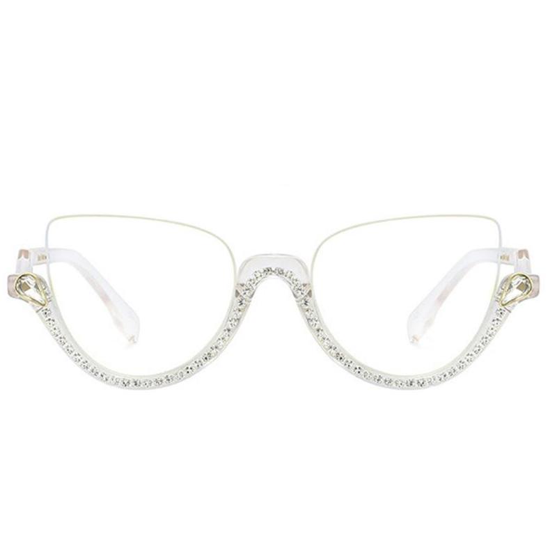 Transparent Diamond Cut Cat Eye Readers For Women Stylish Anti Blue Light Half Frame Rhinestone Glasses Premium Designer Style Eye Glasses