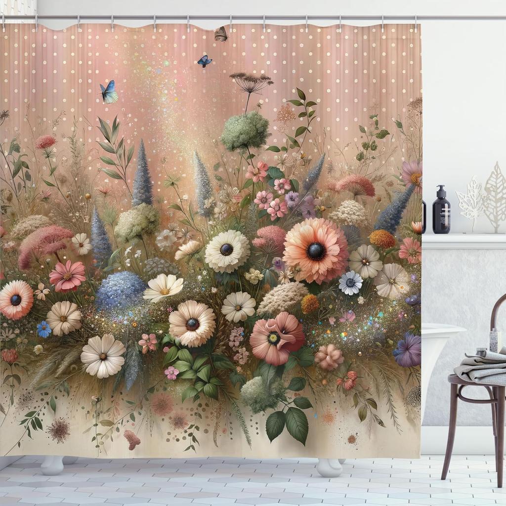 Floral Eucalyptus Shower Curtain, Creative Boho Wild Garden Bursting Into Flowers Vintage Botanic, Cloth Fabric Bathro