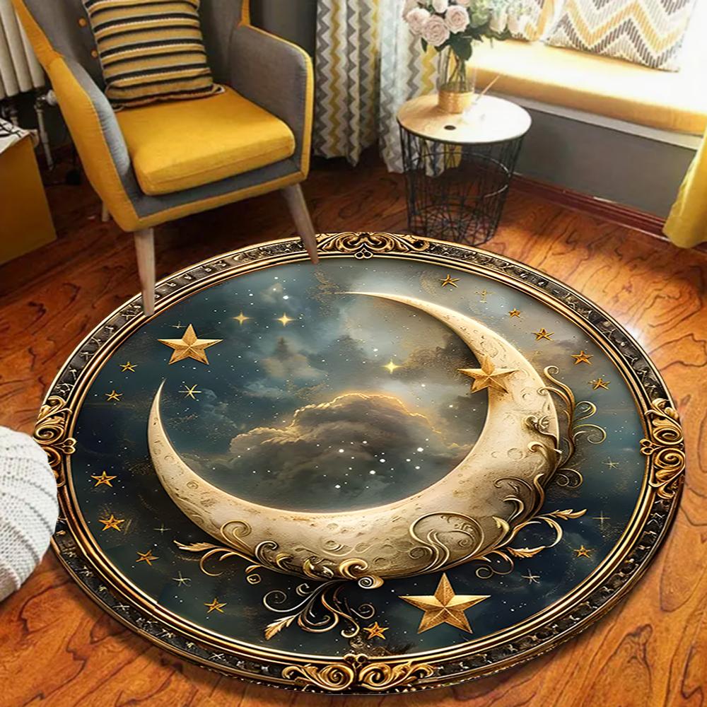 Star Moon Floral Pattern Round Area Rug Mystical Bohemian Style Soft Floor Mat for Living Room Leisure Space Home