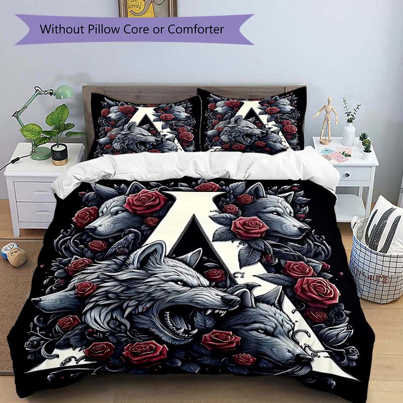 

3pcs Wolf Pack Rose Crest Print Cover Set Ultra Soft, Breathable 135x200cm