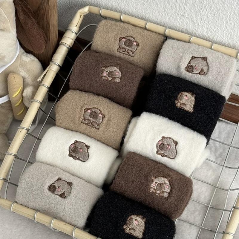 Female Autumn and Winter Thickened Warm Cartoon Embroidery Home Floor In The Tube Socks