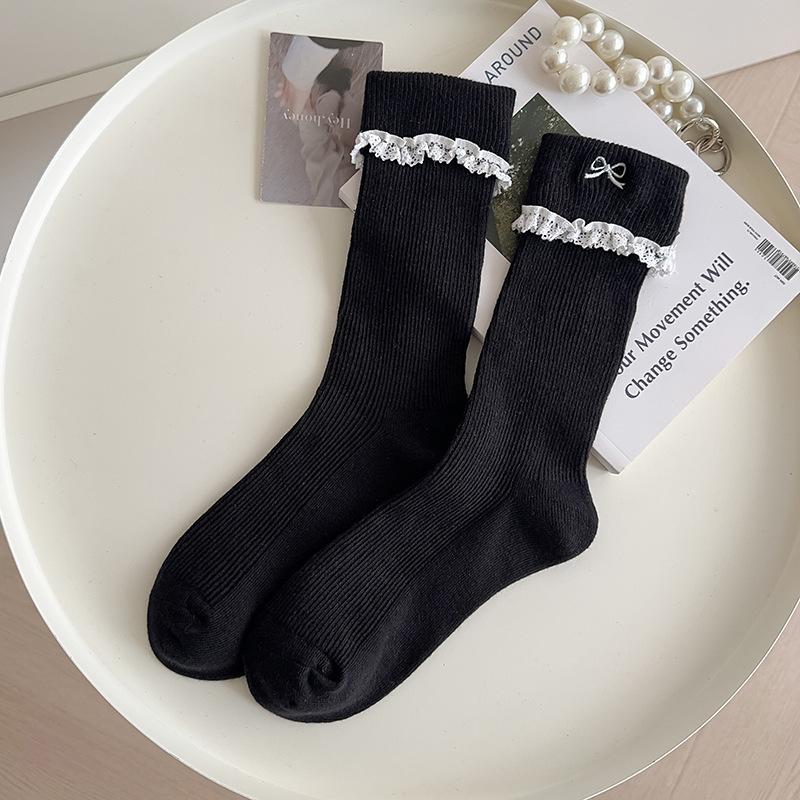 Simple All-Match Girly Cotton Socks Lace Bow Sweet Sock Casual Breathable Sweat-Wicking Mid-Tube Socks  Accessories Gifts