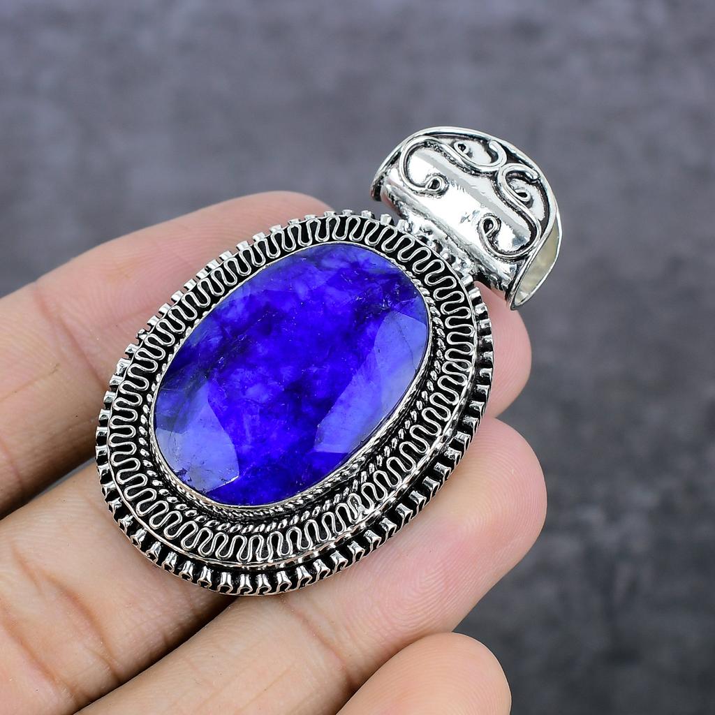 Sapphire(Simulated) 925 Sterling Silver Jewelry Pendant 2.17" Q7m52