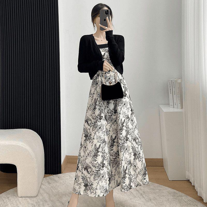 Floral Black Two-Piece: Dress & Cardigan Set
