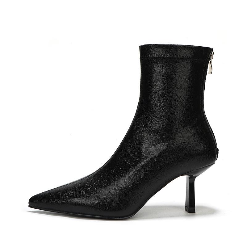 

Коричневые короткие сапоги на высоком каблуке с текстурным рисунком личи, женские 2025 новые европейские и американские остроносые сапоги на тонком каблуке, модные сапоги 34 чёрный