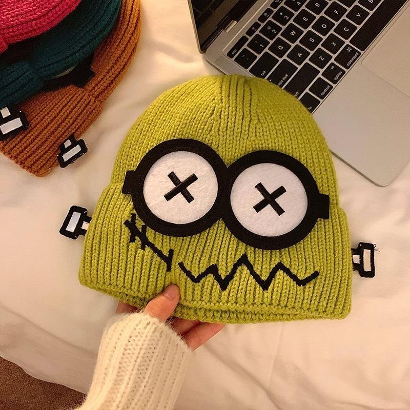 Autumn and Winter Wacky Cute Cartoon Big Eyes Pattern Knitted Mao Line Hat Women Candy Color Keep Warm Ear Protection Knitted Hat