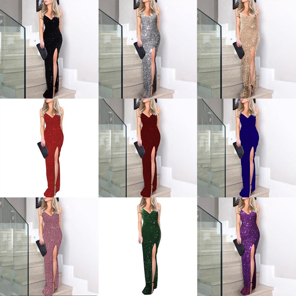 Summer New European And American Women'S Clothing High-Waisted Sexy Fashion Dress Suspender Sequined Split Dress