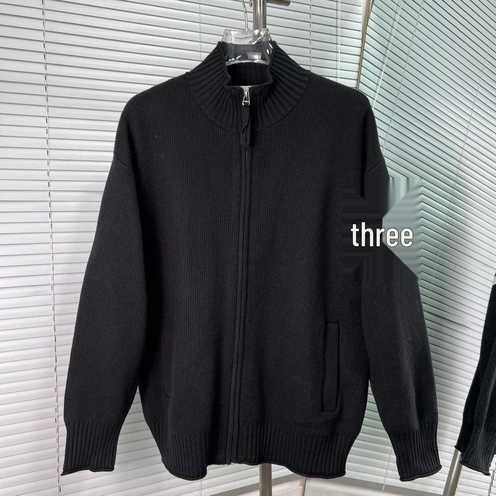 High-Quality Unisex Ribbed Stripe Stand Collar Sweater Jacket, Long-Sleeve, Four-Bar, Spring/Autumn.