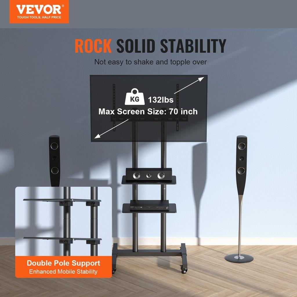 Mobile TV Stand, Mobile TV Cart for 32 to 70 inch TVs, Height Adjustable Portable TV Stand with Wheels, Double Tray for Audio-Visual Devices, Rolling